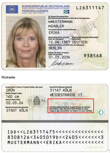 Eintragsort für „Dr.“ im Personalausweis